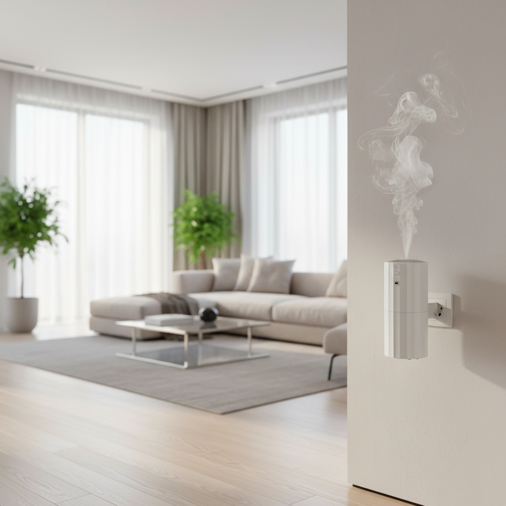Flacon Aireo Plug – Diffuseur par Nébulisation posé en décor d'intérieur, huile parfumée Essentia Scent