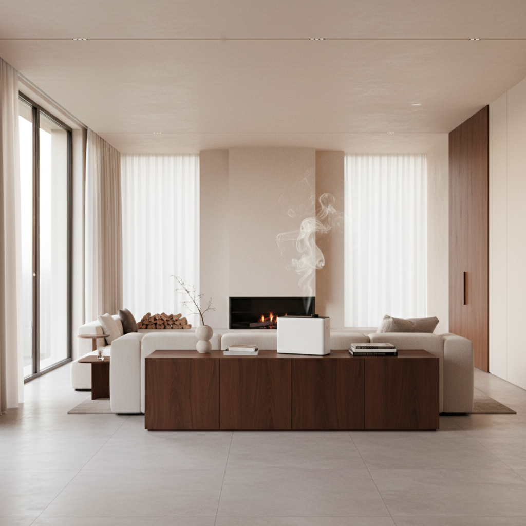 Flacon Astral – Diffuseur par Nébulisation Haute Capacité posé en décor d'intérieur, huile parfumée Essentia Scent