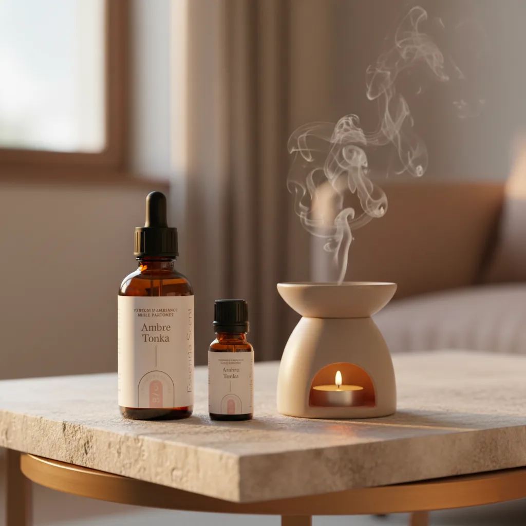 Ambre Tonka sur brûle-parfum dans intérieur feutré · Parfum d'ambiance ambrée chaleureuse Essentia Scent