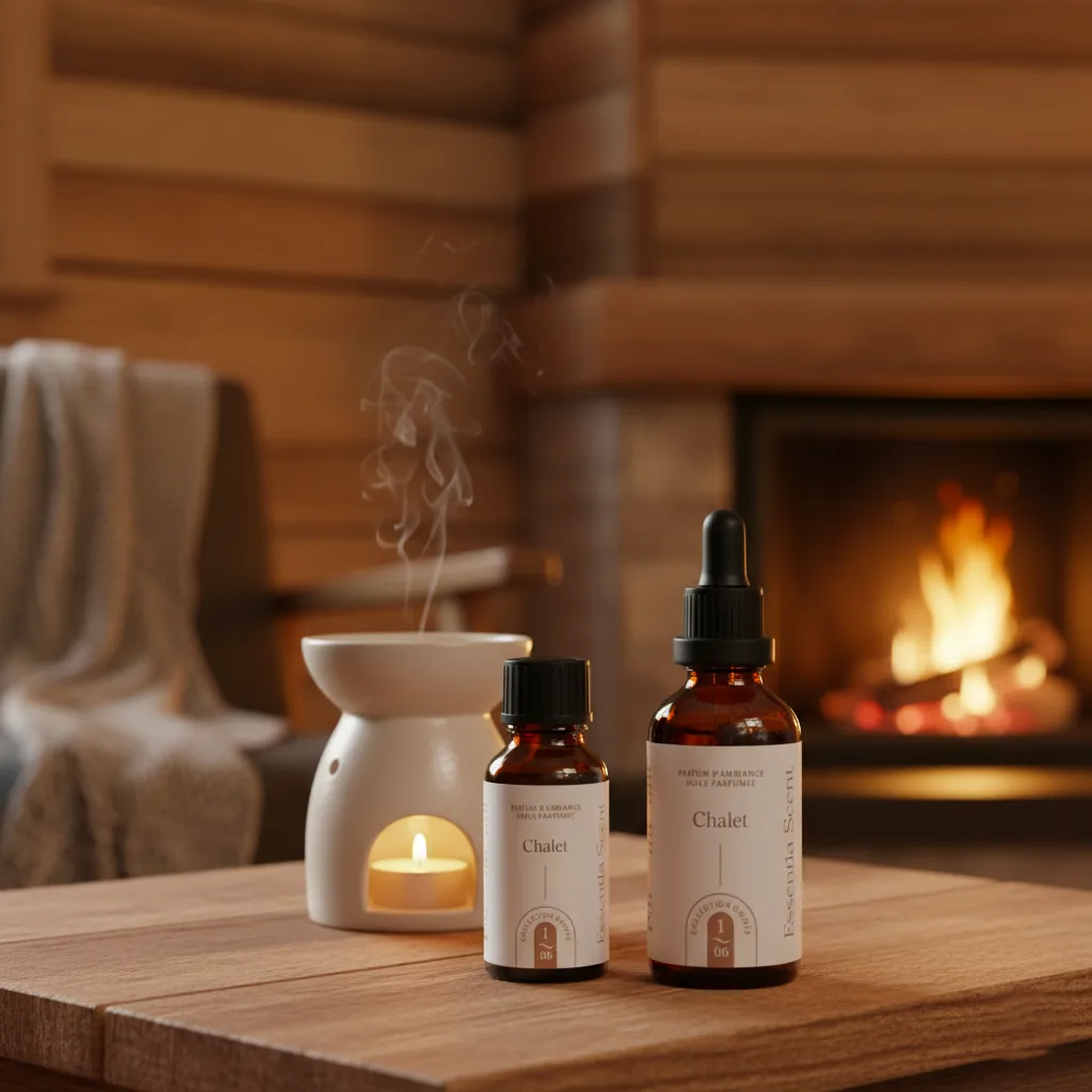 Chalet en diffusion sur brûle-parfum, ambiance feutrée cocooning · Notes Foin et Myrrhe Essentia Scent