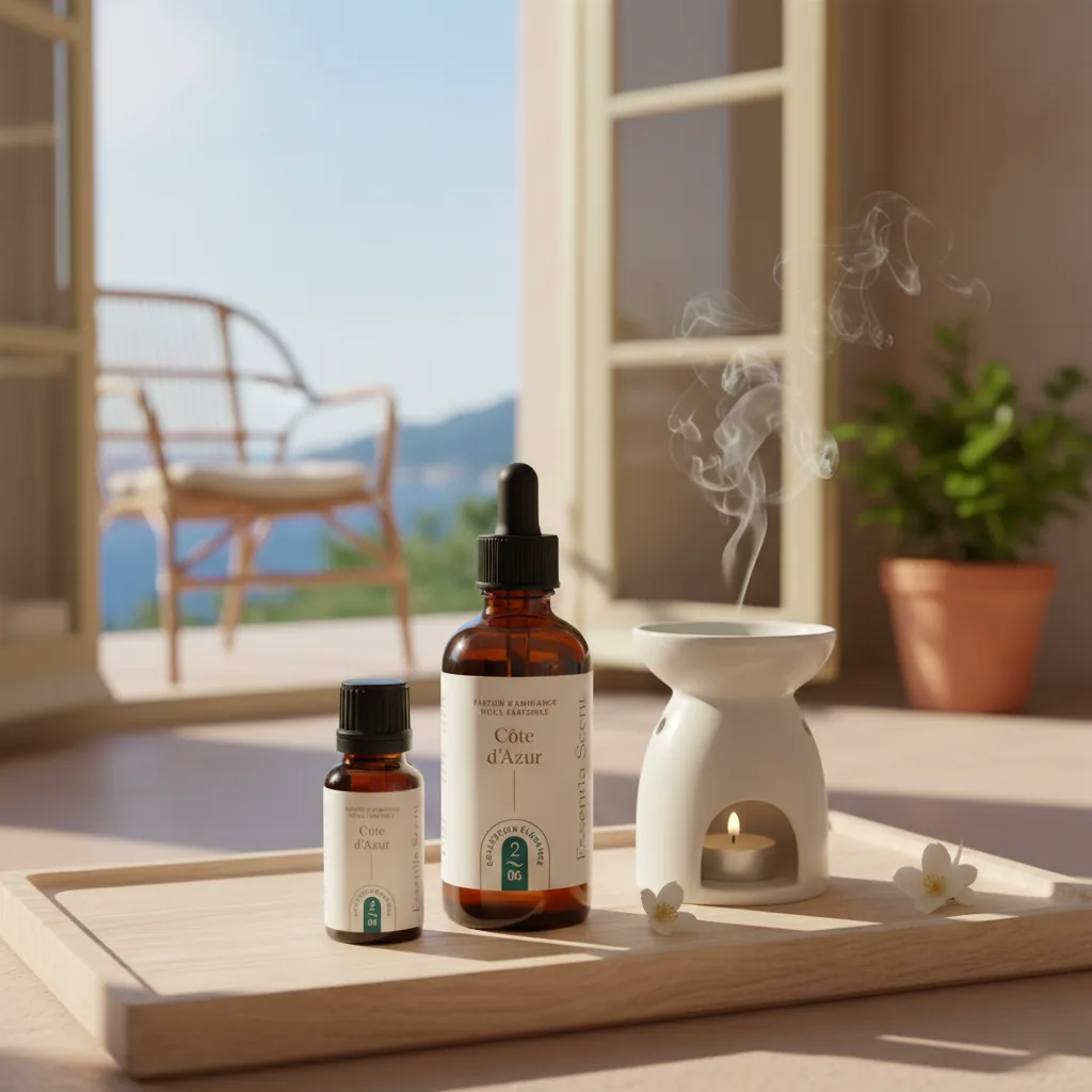 Côte d'Azur sur terrasse méditerranéenne, brûle-parfum et chaise terracotta · Notes Figue Orange Jasmin Essentia Scent