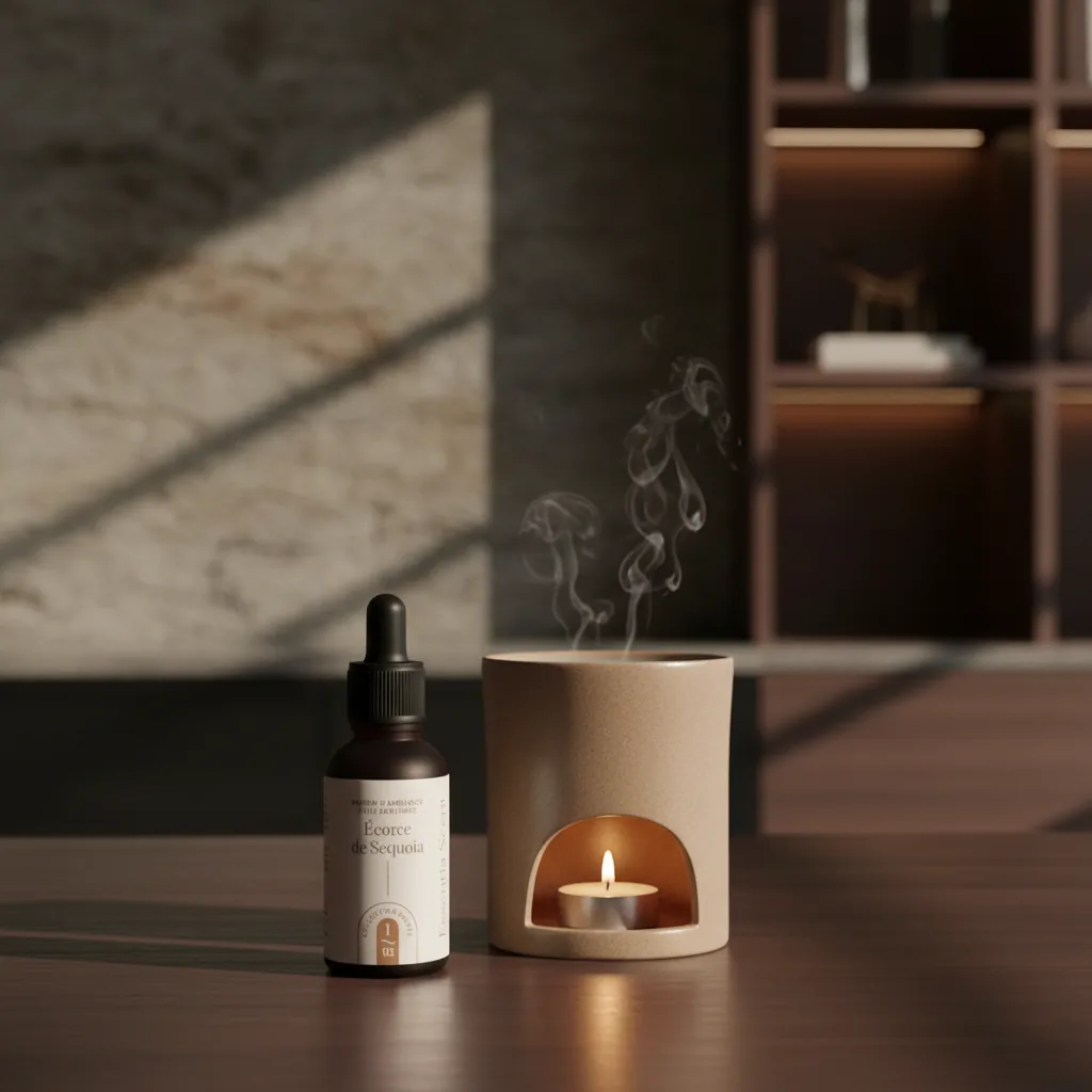 Écorce de Sequoia sur brûle-parfum céramique dans intérieur minéral · Diffusion ambre Oud Essentia Scent