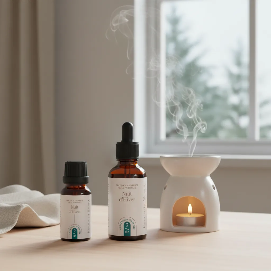 Nuit d'Hiver en brûle-parfum devant fenêtre sur forêt enneigée · Parfum d'ambiance fraîche Essentia Scent