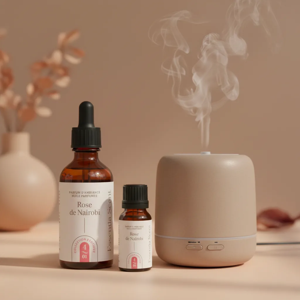 Rose de Nairobi en diffusion ultrasonique avec vases et brindilles roses · Parfum d'ambiance florale Essentia Scent