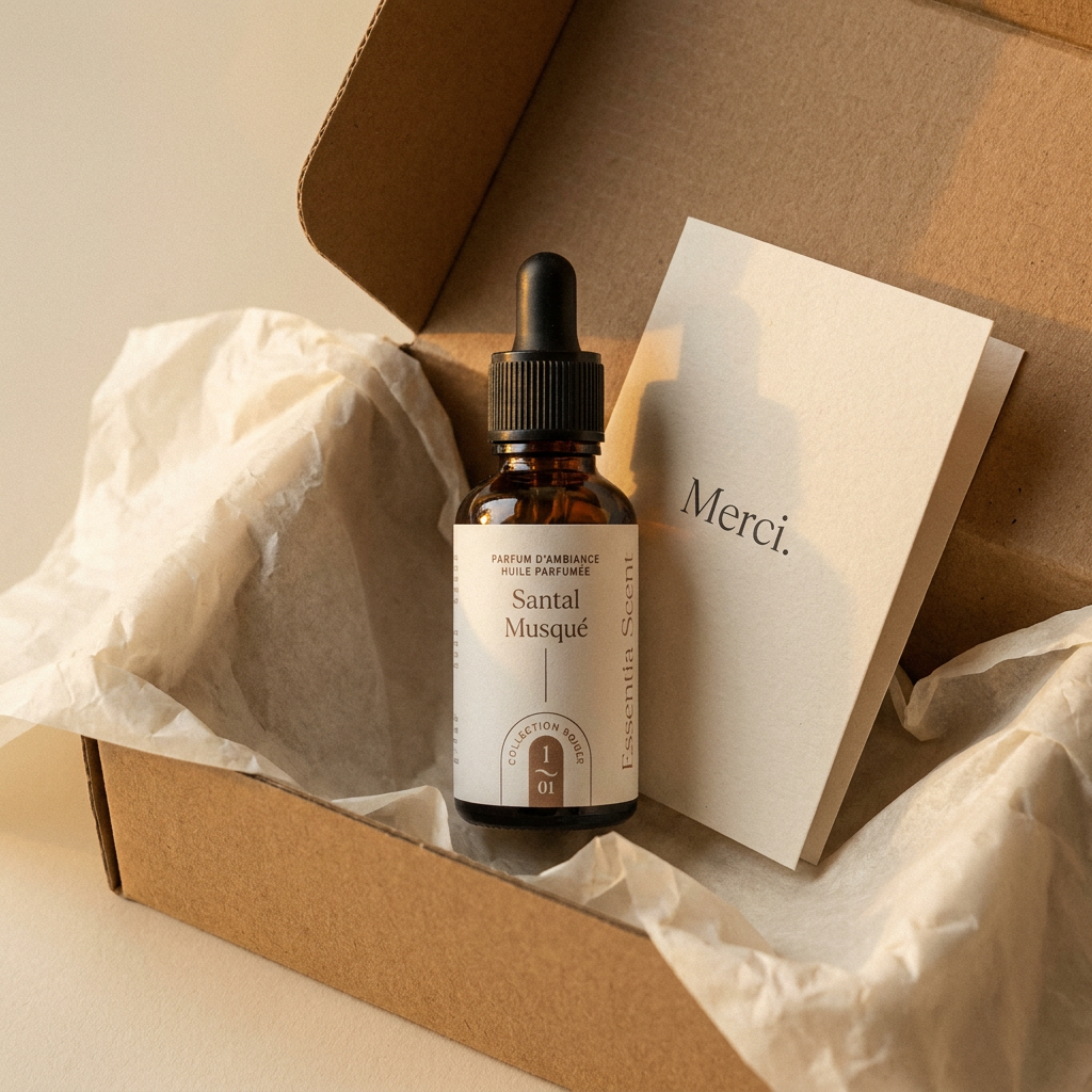 Unboxing Santal Musqué dans boîte kraft avec papier de soie et carte de remerciement Merci · Essentia Scent